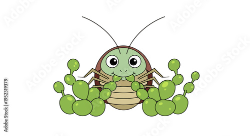 Cartoon cockroach character with big eyes, holding green, round, bulbous shapes