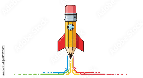 A rocket-shaped pencil takes off with colorful trails, on white background