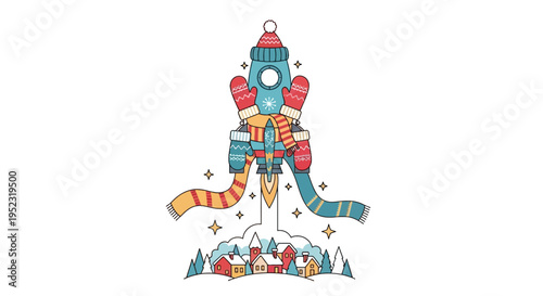 Cartoon rocket ship adorned with winter accessories, taking off above a winter village