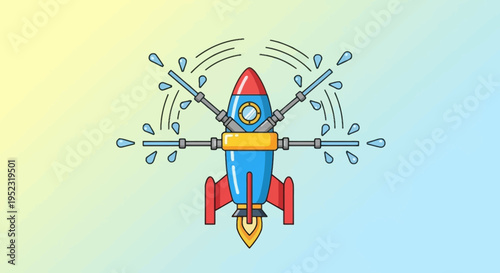 A cartoon rocket shoots water from attached sprinklers on a gradient background