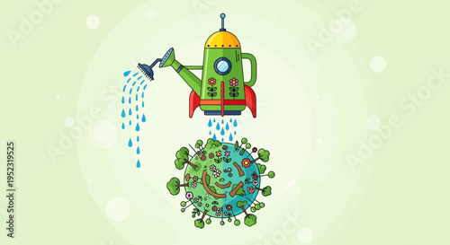 A rocket-shaped watering can showers water onto a happy Earth