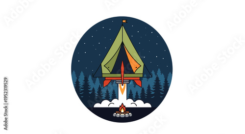 A camp tent stylized as a rocket launching into space over a forest and campfire