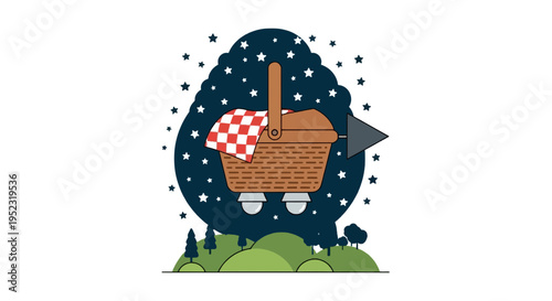 A whimsical illustration of a picnic basket transformed into a night-sky rocket ship