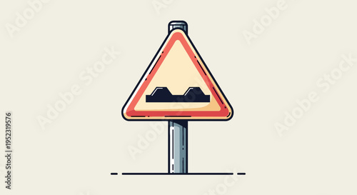 A cartoon road sign indicating bumps ahead, on a metal pole against a beige background