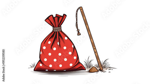 Cartoon doodle of a bindle, red polka-dotted cloth sack tied to a brown stick.