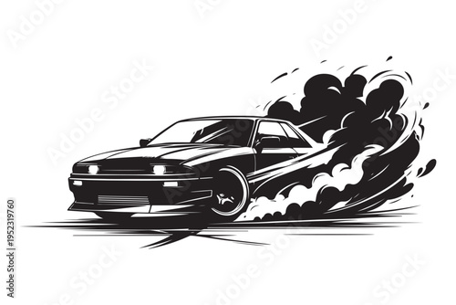 Extreme drift car silhouette with burning tires and smoke. Fast racing vehicle vector for automotive shop, car club, and motorsport event branding.