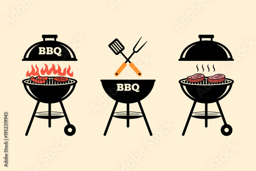 Black barbecue grills with food cooking and utensils a light yellow background