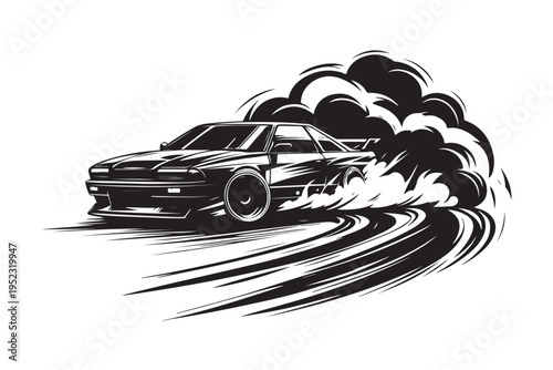 Drifting sports car silhouette with smoke effect.