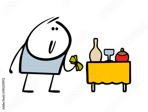 Antiques on the street market. Vector illustration of a stickman holding cash and looking at a vase, dishes and a glass on the table. A buyer and collector of antique expensive items.