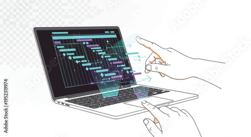 A hand interacting with a laptop displaying complex data visualization