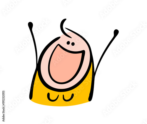 Doodle woman screams in delight, raised her hands up. Funny vector illustration of a cartoon stickman and intense positive emotions.
