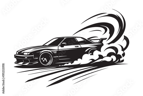 Extreme drift car silhouette with burning tires and smoke. Fast racing vehicle vector for automotive shop, car club, and motorsport event branding.