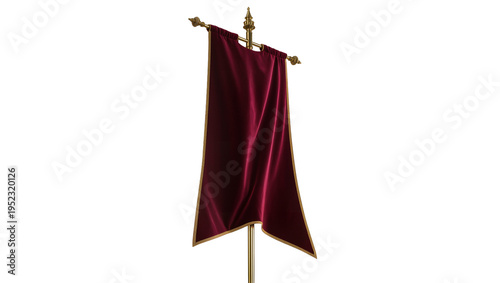 Fotografie Regal deep red velvet banner with ornate golden pole and finials, isolated cerem