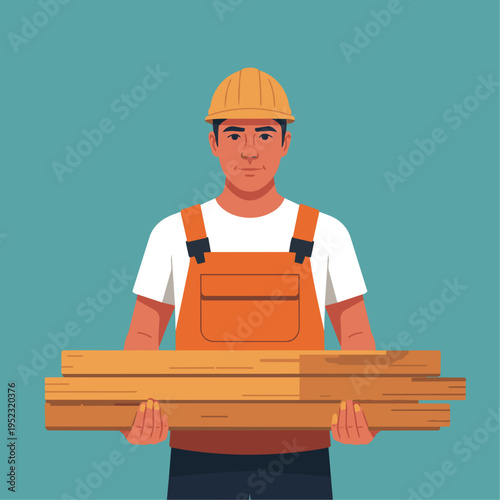 Worker carrying wooden planks
Flat vector illustration of a construction worker carrying wooden boards at a building site, simple shapes, solid color palette, minimal flat style, stock illustration.