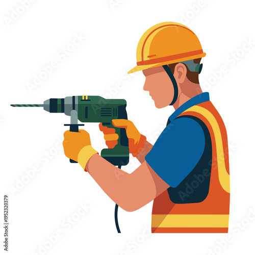 Construction worker using drill
Flat vector illustration of a construction worker using a power drill on a wall, wearing helmet and safety vest, minimal geometric shapes, solid colors, clean flat desi