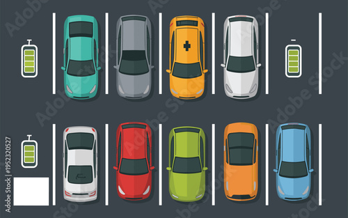 Down view of colorful cars parked in a parking lot with battery