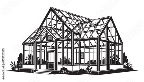 Greenhouse vector illustration of glass garden building with plants and structural frame on floor