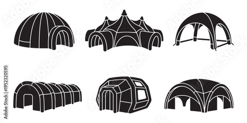 Inflatable tents vector illustration set of modern dome structures and portable outdoor pavilions