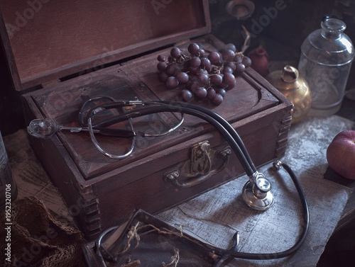 Wallpaper Mural A vintage medical scene stethoscope on a wooden box with grapes, bottles, and an apple. Dark lighting Torontodigital.ca