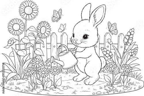 Sweet bunny rabbit watering garden flowers coloring page vector illustration featuring picket fence sunflowers and butterflies line art