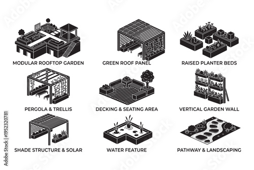 Rooftop garden and outdoor living concepts vector illustration collection set