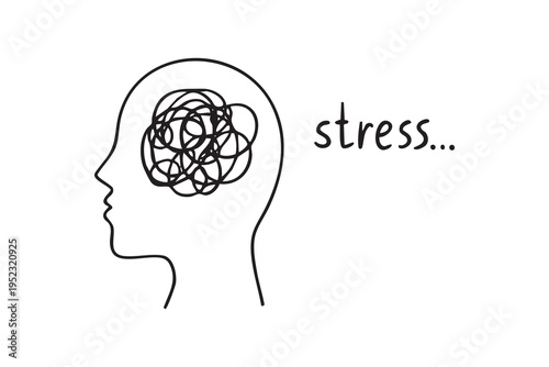 Profile silhouette head with tangled scribble patient seeking help for anxiety and distress, clinical therapy concept, handdrawn brain doodle, supportive composition for mental healthcare resources