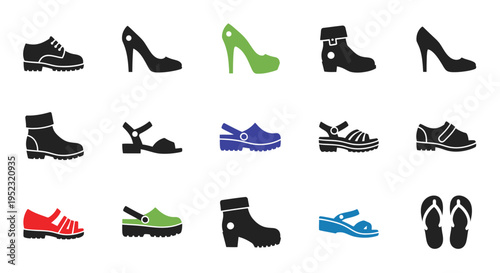 Collection of various footwear icons displayed in a simple flat style