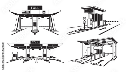 Set of modern toll station illustrations for road and transportation