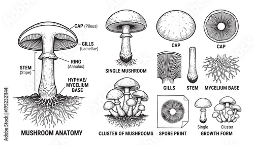 Detailed mushroom anatomy and growth illustration in vector