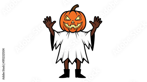 Happy Halloween Pumpkin Character Wearing White Ghost Costume