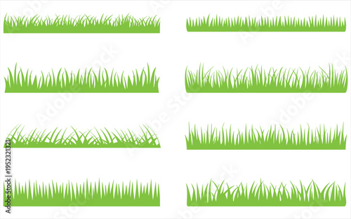 Eight green grass patches set on white background