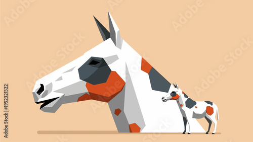 Bold Geometric Illustration of a Parent Horse and its Offspring, Adorned with Unique Spotted Patterns and Modern Design