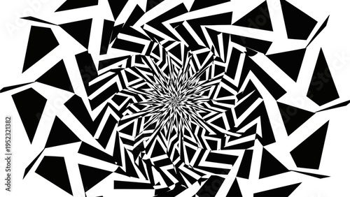 Mesmerizing abstract geometric pattern in high contrast black and white, featuring a dynamic swirling vortex of angular shapes creating a modern optical illusion