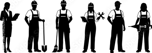 Workforce silhouettes, diverse professions, construction labor, engineering roles, management icons, industrial job vector illustration