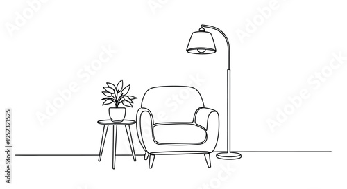Minimalist line drawing of a chair side table and floor lamp