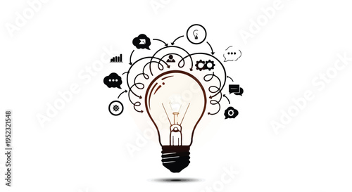 Lightbulb illustration surrounded by icons represents innovative ideas.