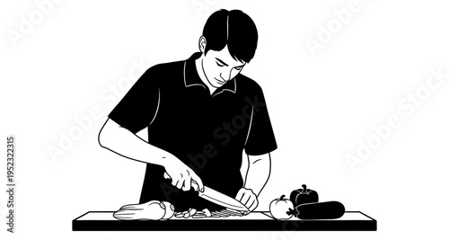 Man Chopping Vegetables on Cutting Board Preparing Food Lifestyle Stock Illustration