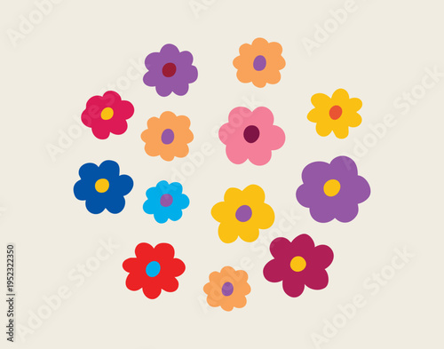 Minimal emblem style daisy arrangement with spacious layout, few large fivepetal blooms on soft neutral field creating calm modernist aesthetic ideal for logo, boutique packaging, and refined