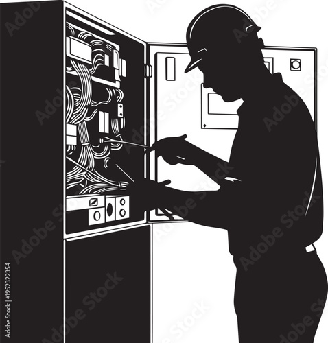 Electrical engineer worker silhouette working on switchboard panel illustration vector art