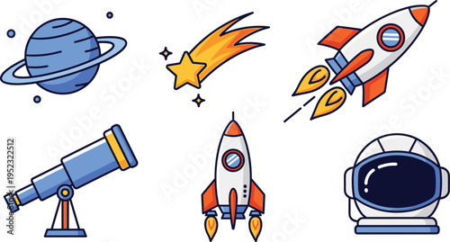 Cartoon Space Exploration Elements Illustration Set Featuring Planet, Rocket, Meteor, Telescope, and Astronaut Helmet for Science and Adventure Designs