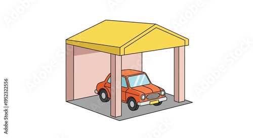 A red car parked inside a simple yellow and gray carport structure