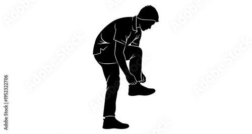 Man Silhouette Tying Shoelaces on Shoes Doing Up Fastener Preparation for Activity