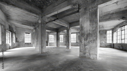 Grayscale interior of abandoned concrete building with scattered debris and natural light filtering through large windows creating a desolate atmosphere