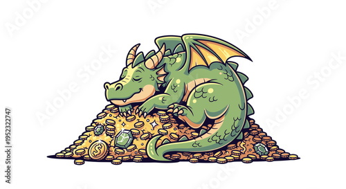 Green Dragon Sleeping on Gold Coins and Gems
