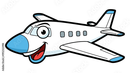 Happy cartoon airplane with a smiling face, ready for an exciting journey