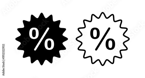 Black and outline percentage discount icons with solid and outline starburst badge shapes