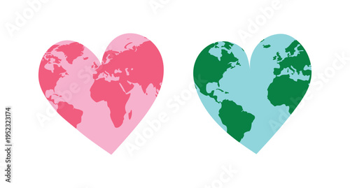 Colorful heartshaped world icons for education and family outreach. Bright playful palette with clear continent silhouettes, friendly shapes perfect for classroom posters, activity sheets, stickers,