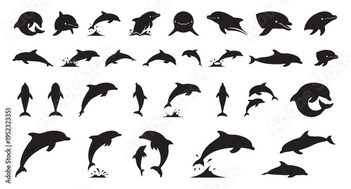Symmetrical dolphin images form rhythmic decorative surfaces. Consistent black dolphin contours arranged in pattern produce visually rhythmic decorative designs for various surfaces