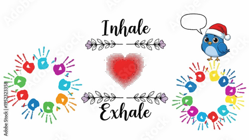 Mindful Breathing Exercise Illustration with Colorful Handprint Circles, Loving Heart, and a Cheerful Bird for Wellness and Community Spirit