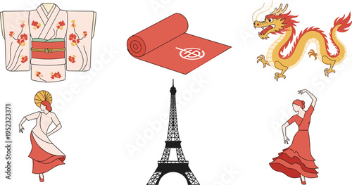 Cultural Heritage Illustration Set Featuring Kimono, Dragon, Flamenco Dance, Eiffel Tower, and Oriental Elements for Traditional and Travel Designs